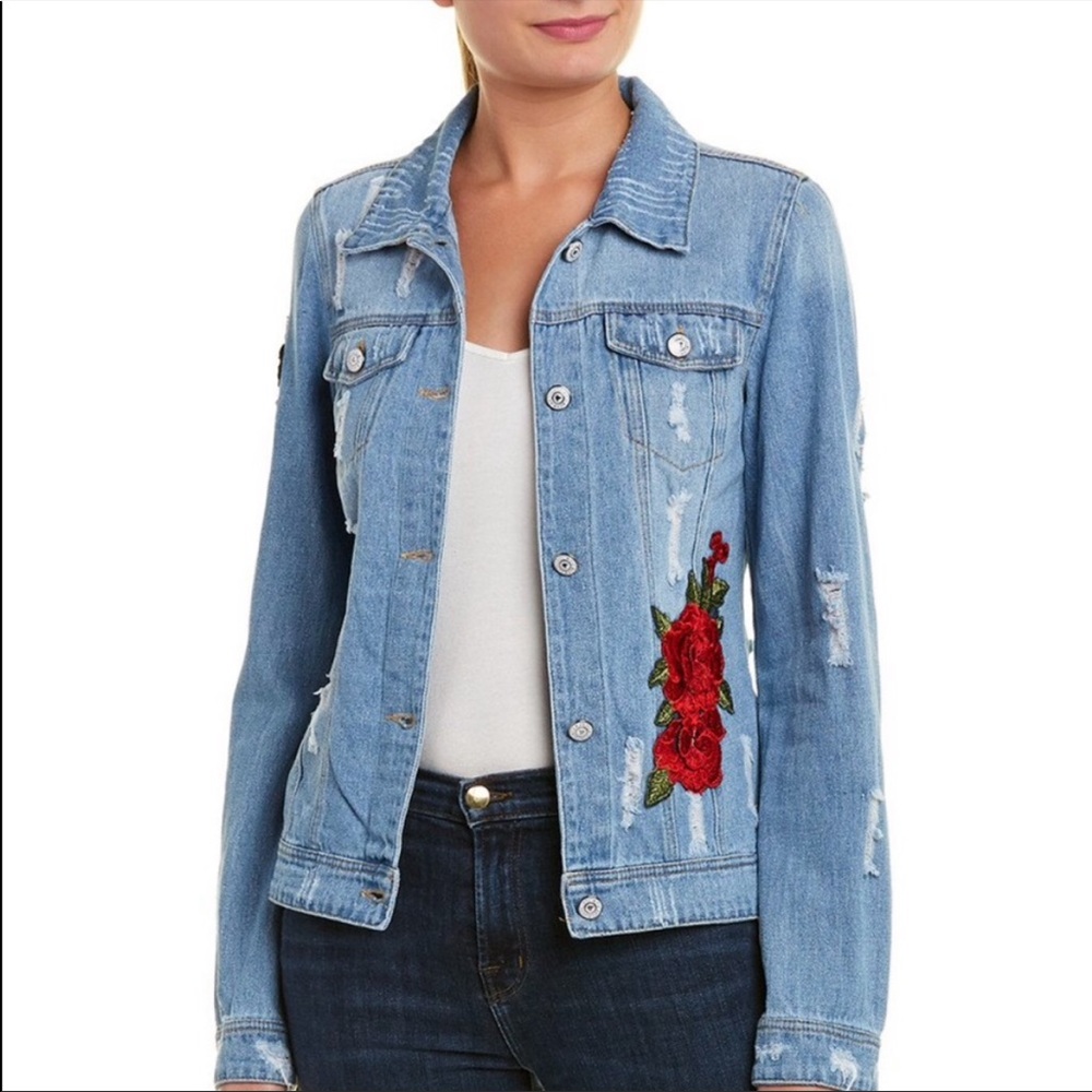 Elan Floral Distressed Denim Jacket